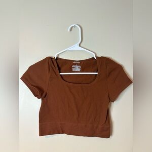 Wild Fable Brown Ribbed Square Neck Short Sleeve Active Cropped Top